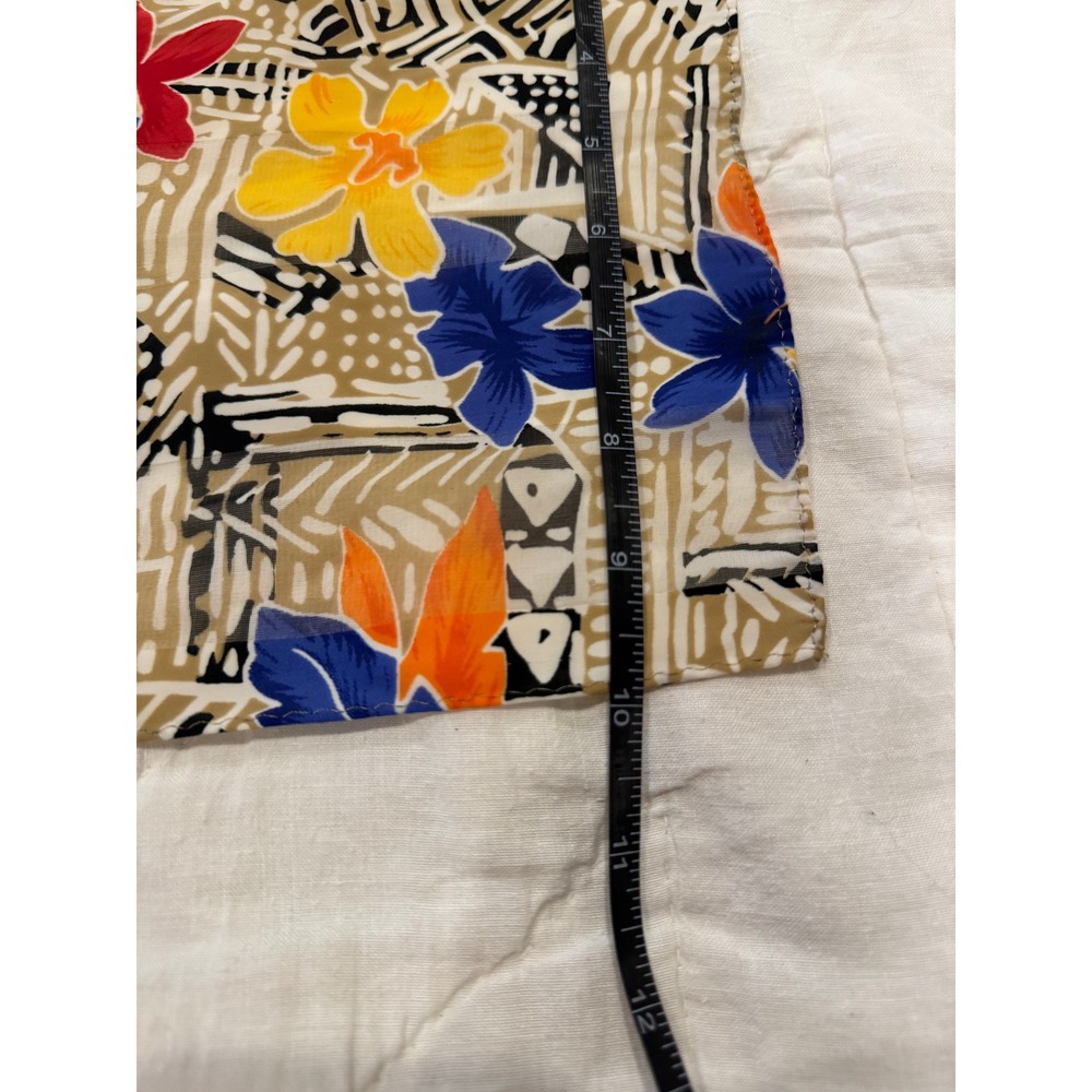 Vintage Tropical Floral Hibiscus Geometric Print Scarf Blue Orange Tan - Picture 5 of 5